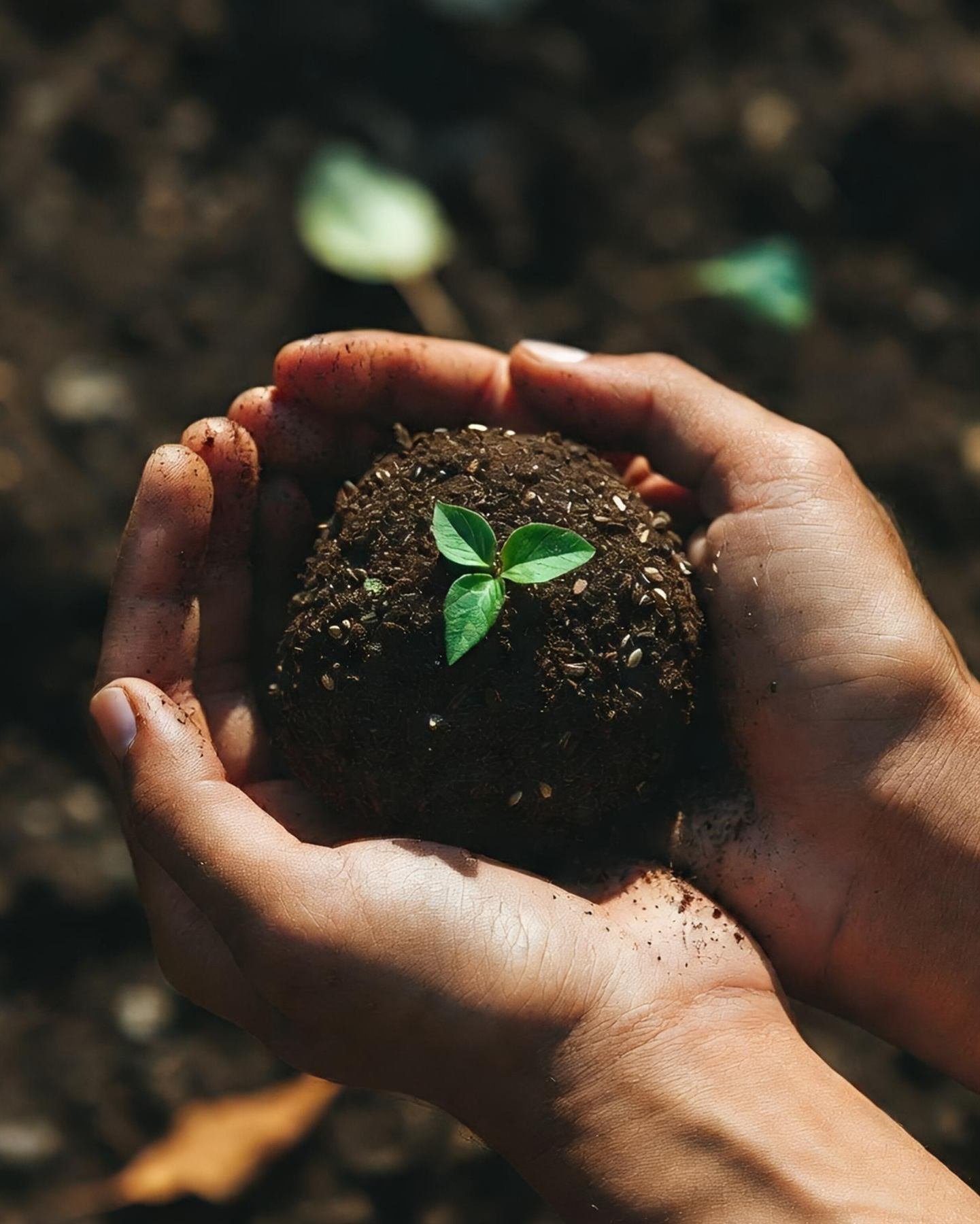 A hand-rolled seedball germinating in a palm